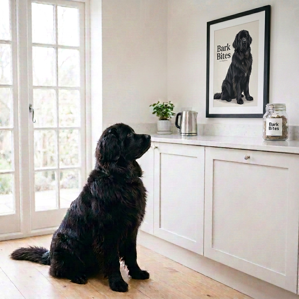 Black dog sitting in a rustic kitchen with wooden cabinets and shelves